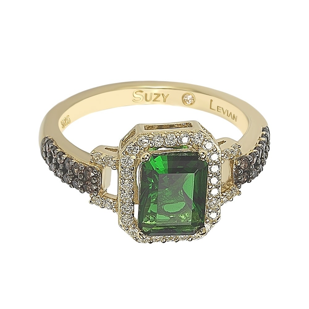 Suzy Levian Golden Sterling Silver Emerald-Cut Green and Brown Cubic Zirconia Halo Ring