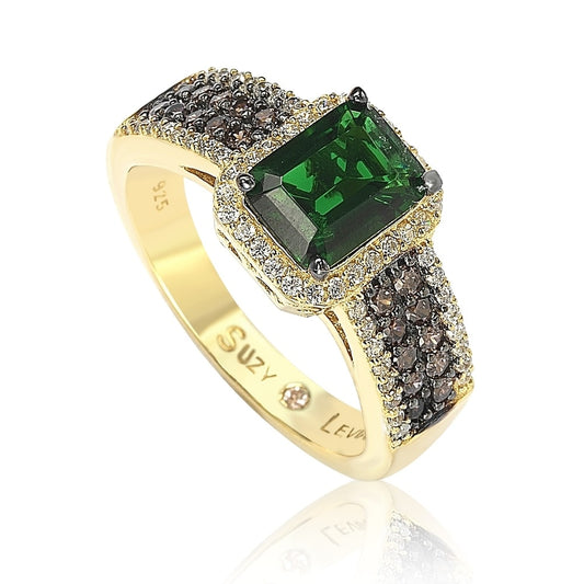 Suzy Levian Golden Sterling Silver Emerald-Cut Green and Brown Cubic Zirconia Halo Ring