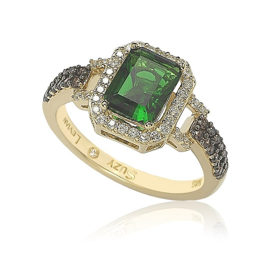 Suzy Levian Golden Sterling Silver Emerald-Cut Green and Brown Cubic Zirconia Halo Ring