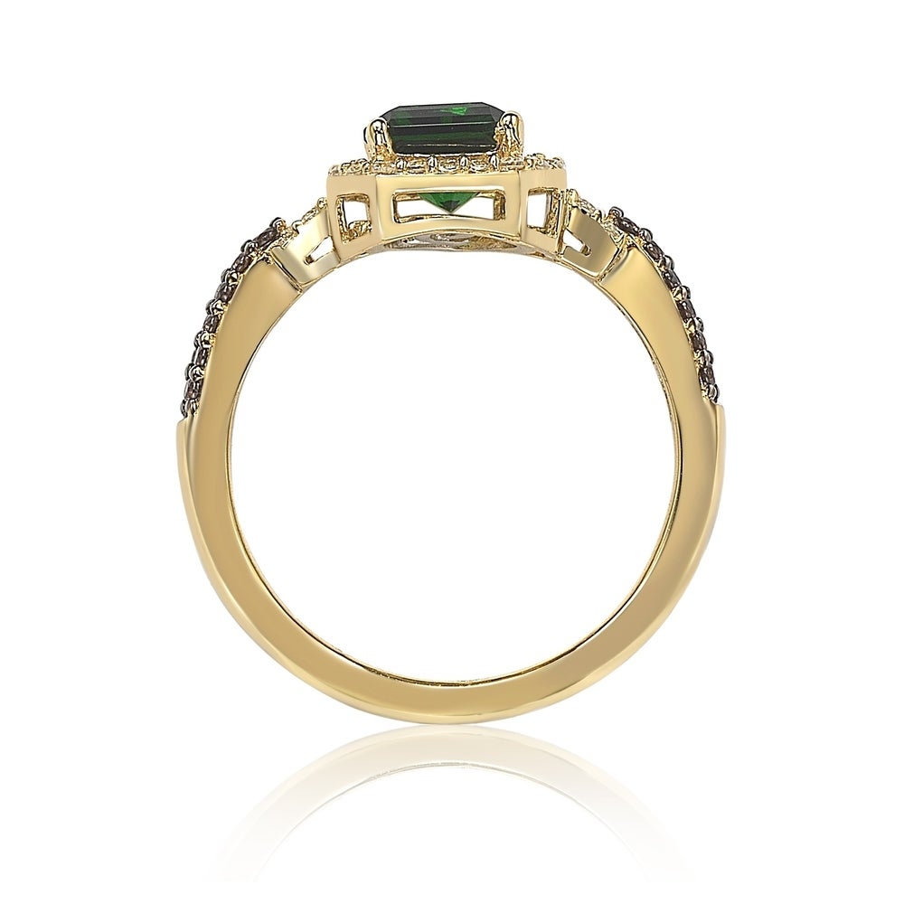 Suzy Levian Golden Sterling Silver Emerald-Cut Green and Brown Cubic Zirconia Halo Ring