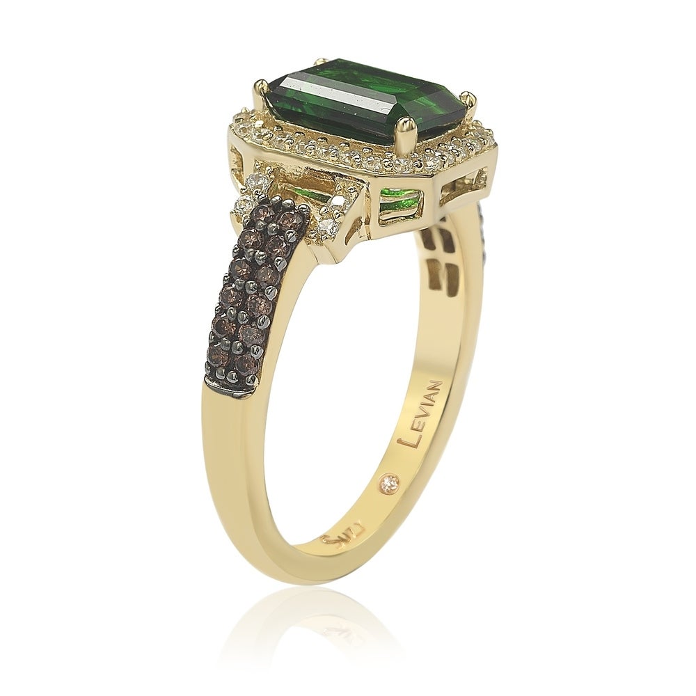 Suzy Levian Golden Sterling Silver Emerald-Cut Green and Brown Cubic Zirconia Halo Ring