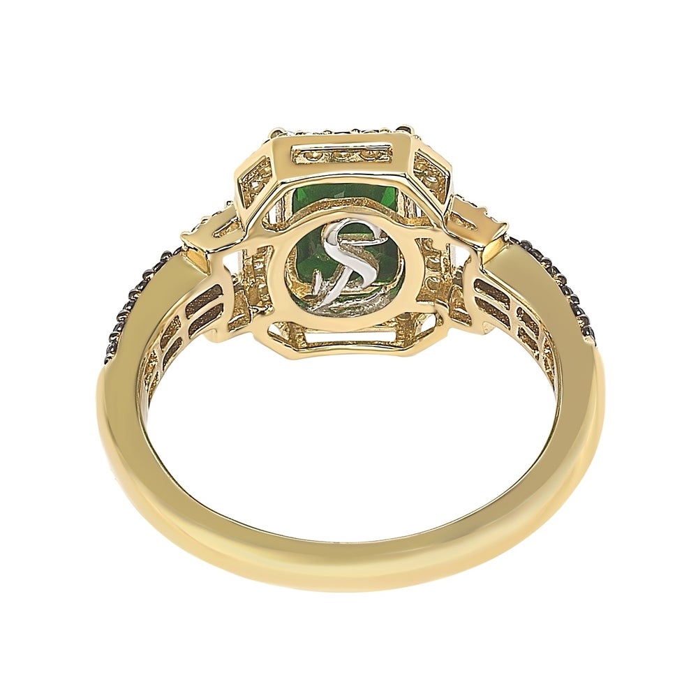 Suzy Levian Golden Sterling Silver Emerald-Cut Green and Brown Cubic Zirconia Halo Ring