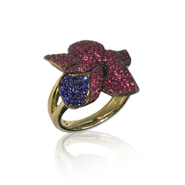 Suzy Levian Golden Sterling Silver Red & Blue Cubic Zirconia American Flower Ring
