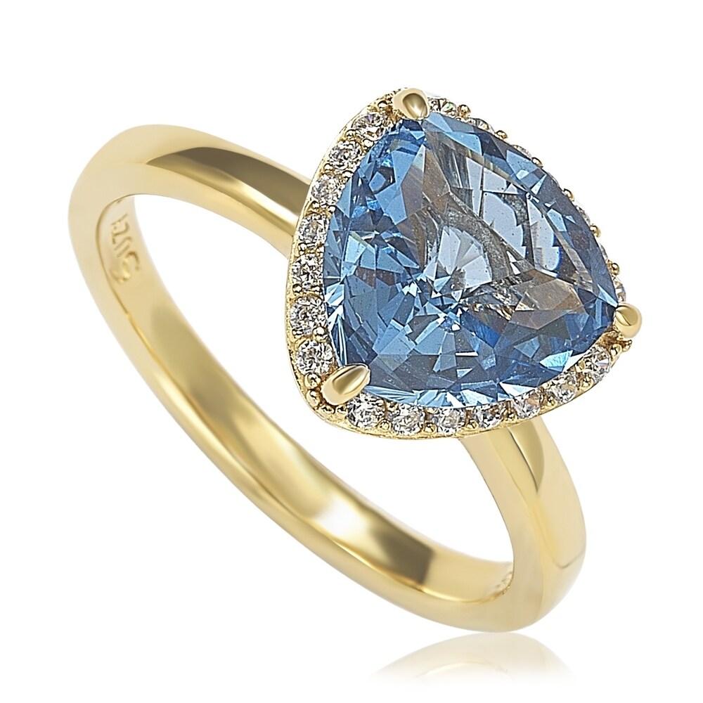 Suzy Levian Gold plated Sterling Silver Aqua Cubic Zirconia Trillion-Cut Ring