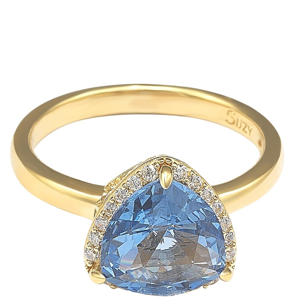 Suzy Levian Gold plated Sterling Silver Aqua Cubic Zirconia Trillion-Cut Ring