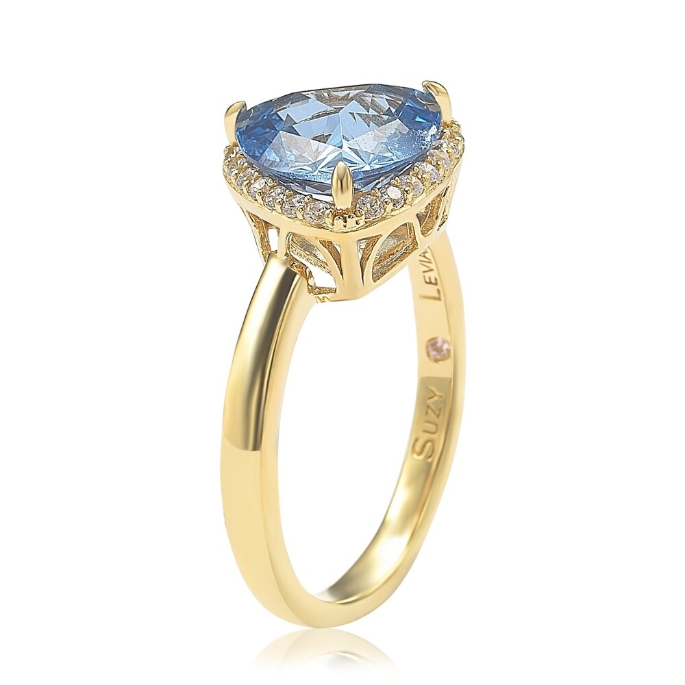 Suzy Levian Gold plated Sterling Silver Aqua Cubic Zirconia Trillion-Cut Ring