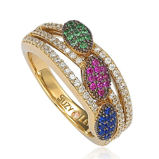 Suzy Levian Gold plated Sterling Silver Blue Red and Green Pave-set Cubic Zirconia Ring