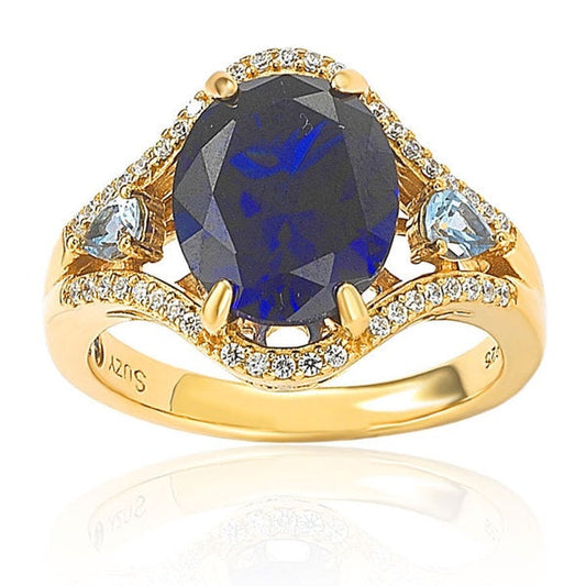 Suzy Levian Yellow Sterling Silver Blue & White CZ Ring