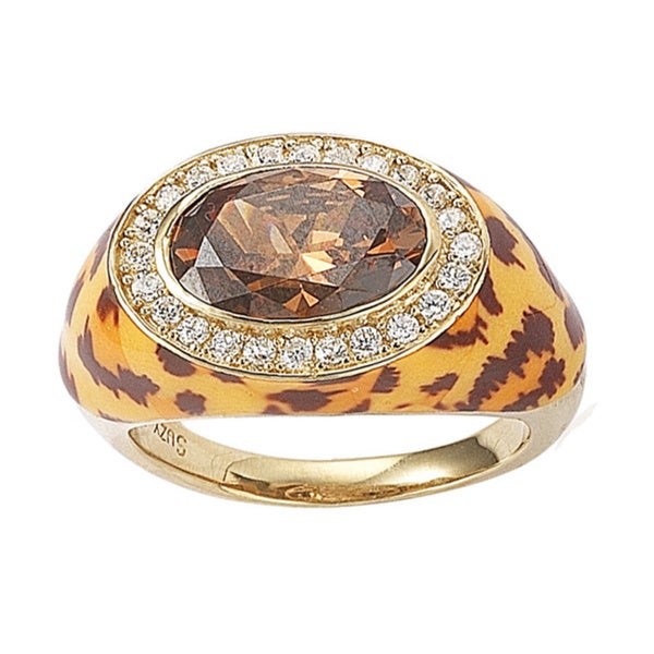 Suzy Levian Gold plated Sterling Silver Oval Brown Cubic Zirconia Animal Print Ring