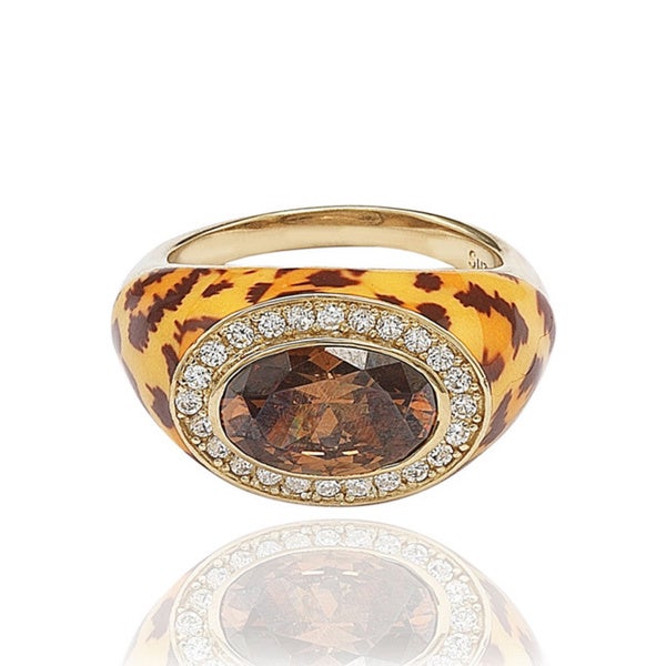 Suzy Levian Gold plated Sterling Silver Oval Brown Cubic Zirconia Animal Print Ring