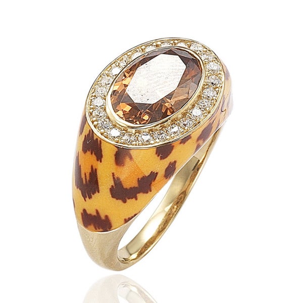 Suzy Levian Gold plated Sterling Silver Oval Brown Cubic Zirconia Animal Print Ring