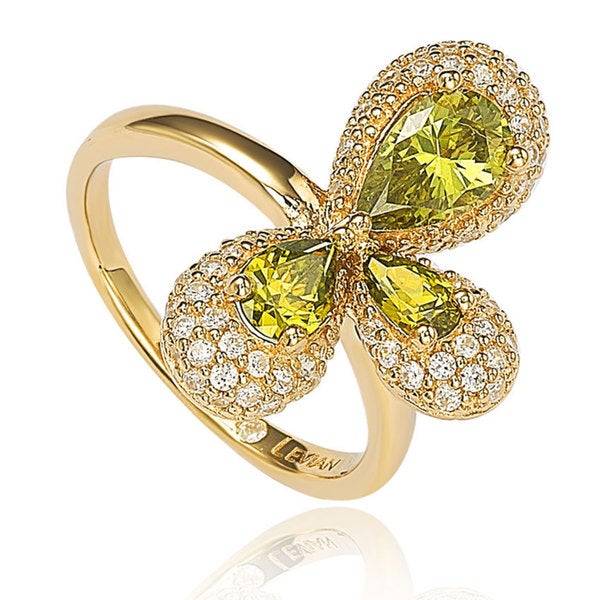 Suzy Levian Gold plated Sterling Silver Triple Green Pear Cubic Zirconia Abstract Flower Ring