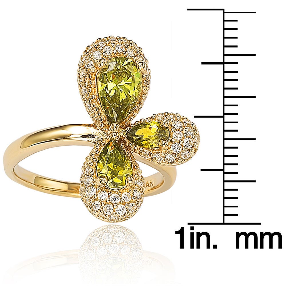 Suzy Levian Gold plated Sterling Silver Triple Green Pear Cubic Zirconia Abstract Flower Ring