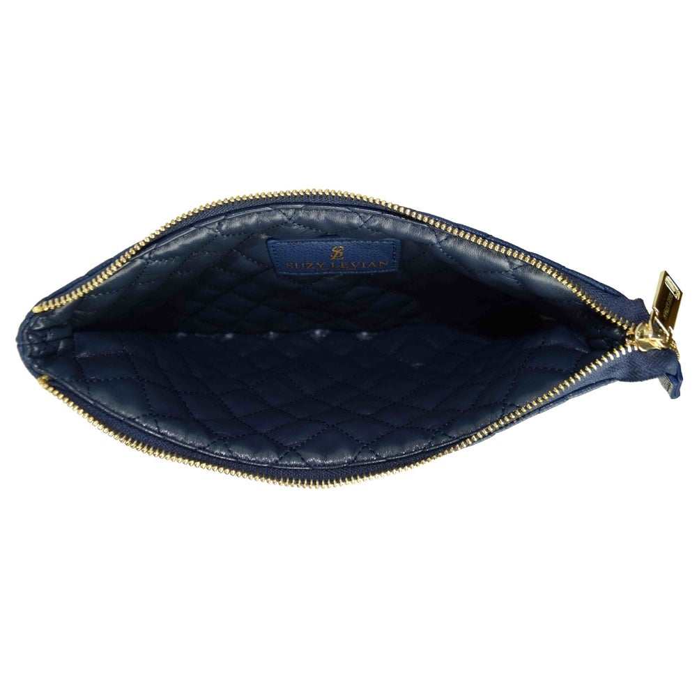 Suzy Levian Medium Faux Leather Quilted Clutch Handbag, Navy