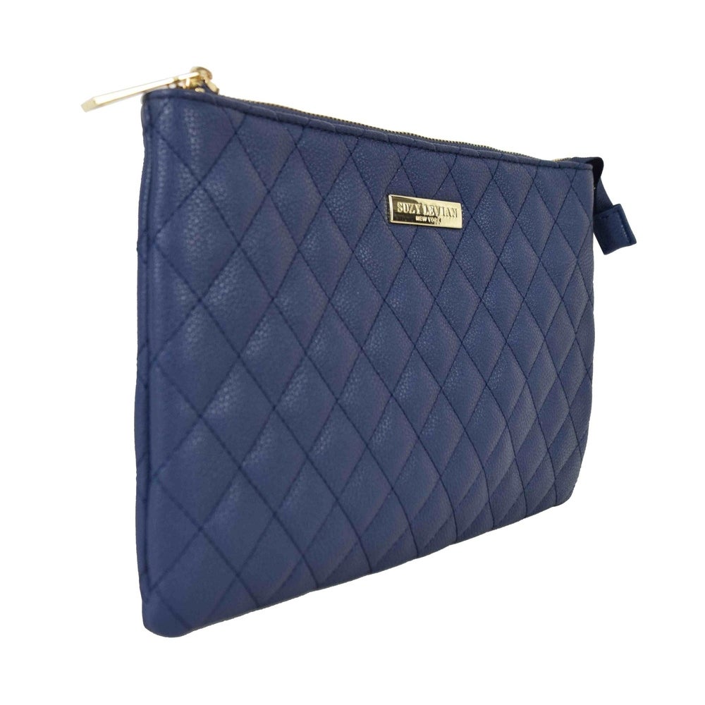 Suzy Levian Medium Faux Leather Quilted Clutch Handbag, Navy