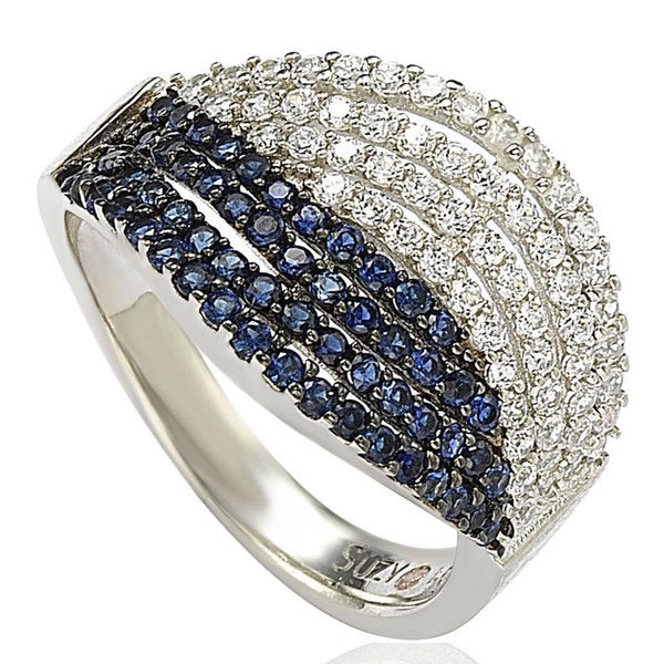 Suzy Levian Pave Cubic Zirconia Sterling Silver Weaving Blue and White Ring