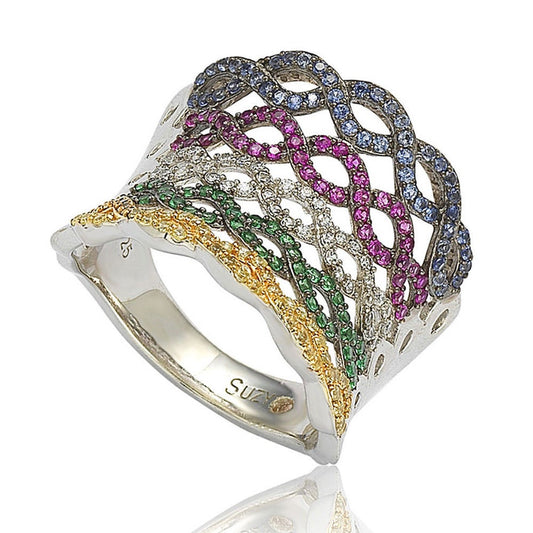 Suzy Levian Pave Italian Multi-Color Cubic Zirconia Sterling Silver Criss-Cross Ring