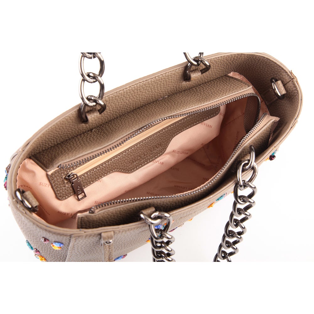 Suzy Levian Pebbled Faux Leather Rhinestone Satchel Handbag
