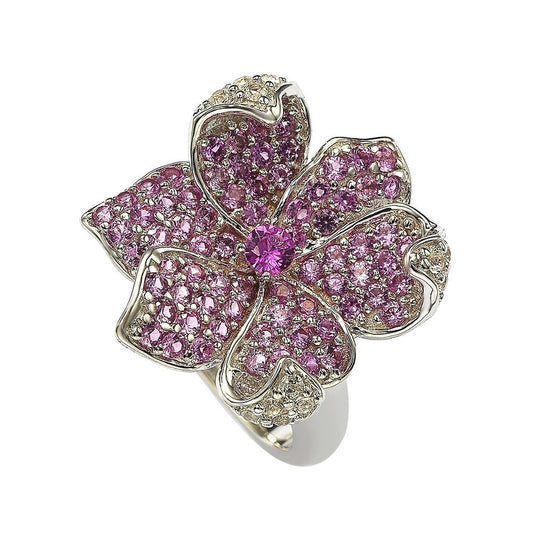 Suzy Levian Pink Sapphire and Diamond Accent in Sterling Silver Flower Petal Ring