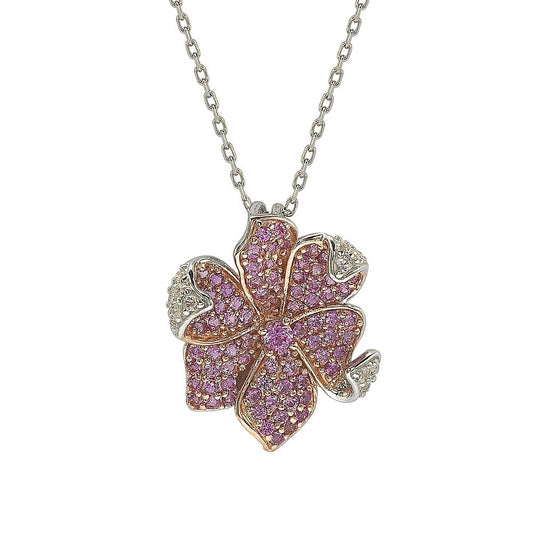 Suzy Levian Pink Sapphire and Diamond Accent in Sterling Silver Petite Flower Pendant