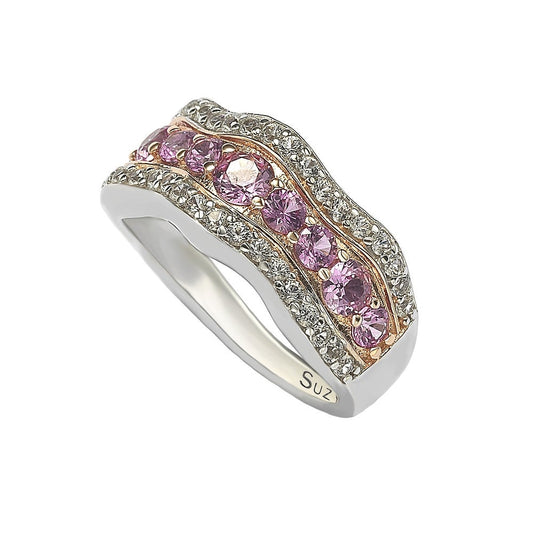 Suzy Levian Pink Sapphire and Diamond Accent in Sterling Silver Wavy Ring