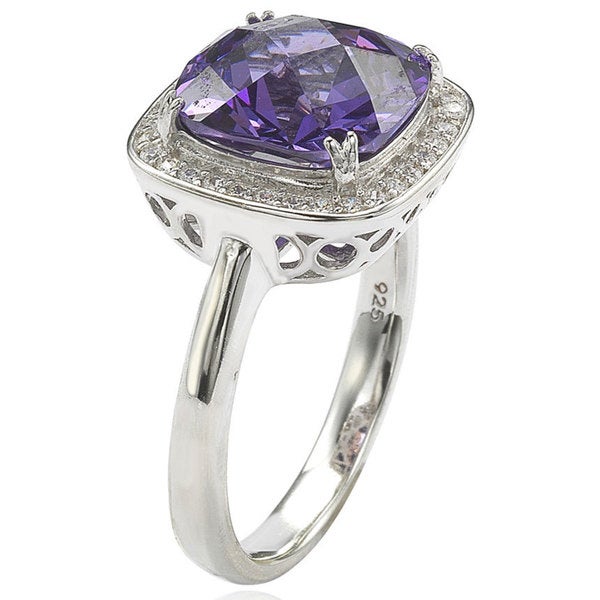 Suzy Levian Sterling Silver Purple and White Cubic Zirconia Halo Ring