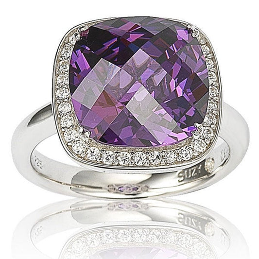 Suzy Levian Sterling Silver Purple and White Cubic Zirconia Halo Ring