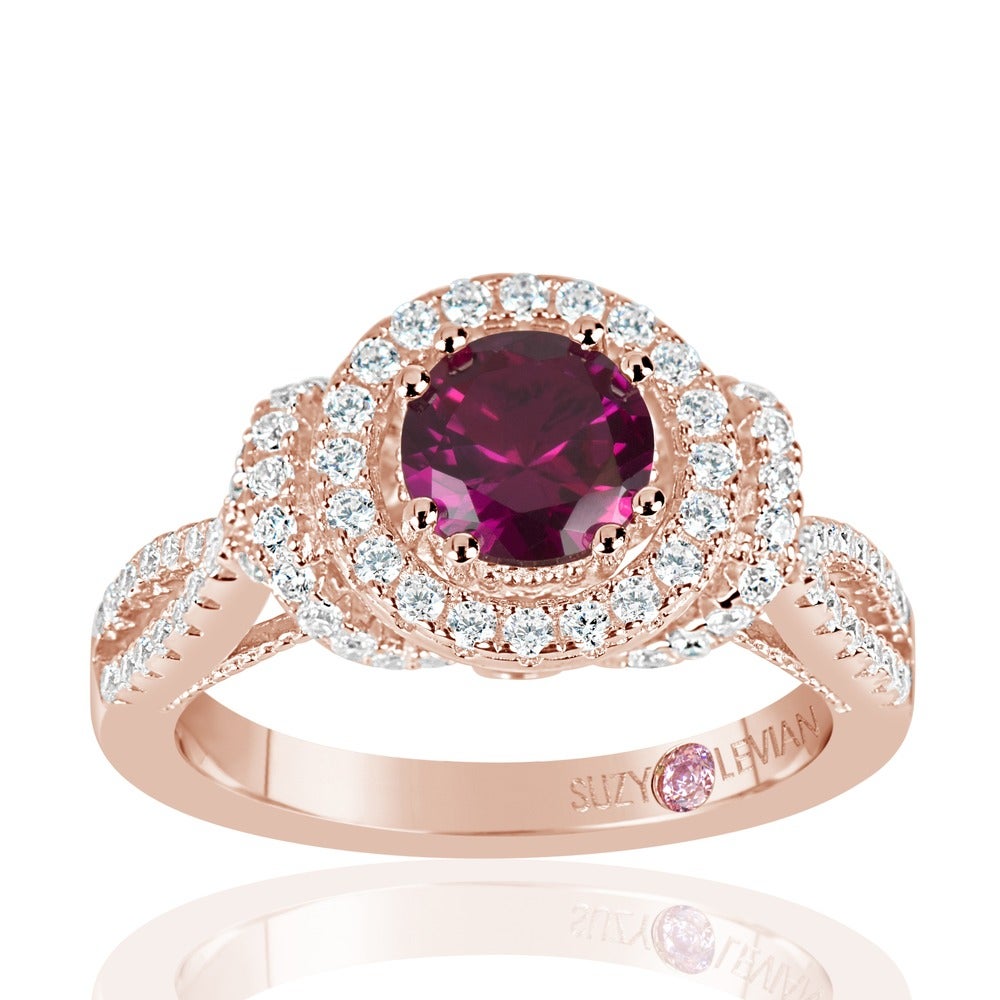 Suzy Levian Rose Sterling Silver Created Ruby and White Cubic Zirconia Anniversary Ring