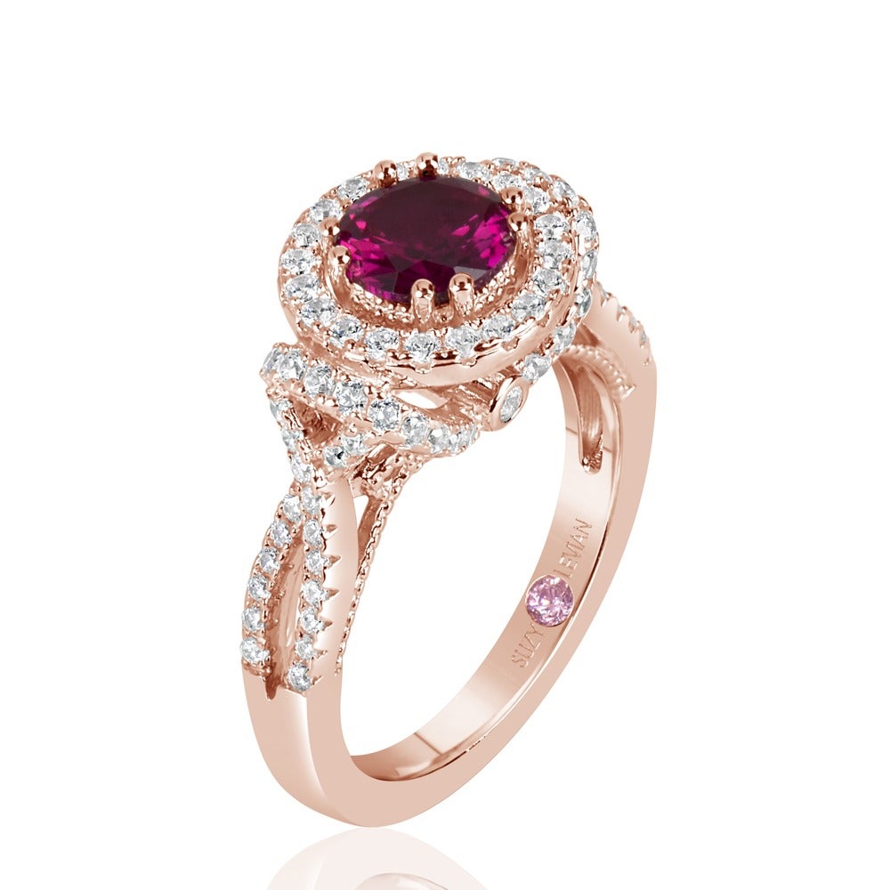 Suzy Levian Rose Sterling Silver Created Ruby and White Cubic Zirconia Anniversary Ring