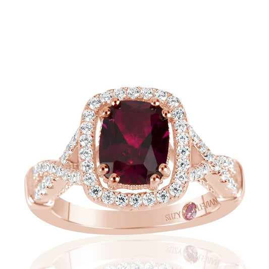 Suzy Levian Rose Sterling Silver Created Ruby and White Cubic Zirconia Engagement Ring