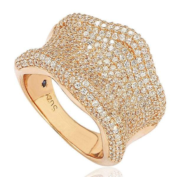 Suzy Levian Rose Sterling Silver Cubic Zirconia Pave Curved Wide Ring