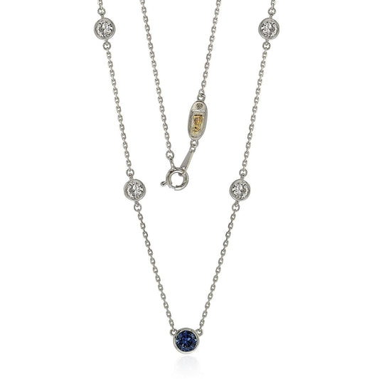 Suzy Levian Sapphire & Diamond Accent (1.50cttw) Sterling Silver 5 Stone Station Necklace