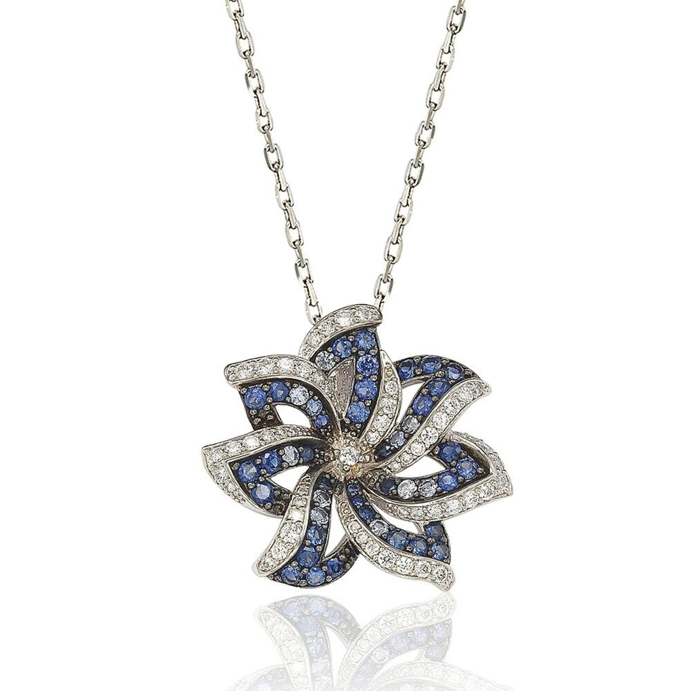 Suzy Levian Sapphire and Diamond Accent in Sterling Silver Petite Flower Pendant