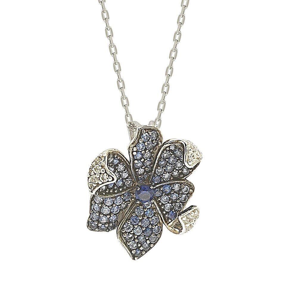 Suzy Levian Sapphire and Diamond Accent in Sterling Silver Petite Flower Pendant