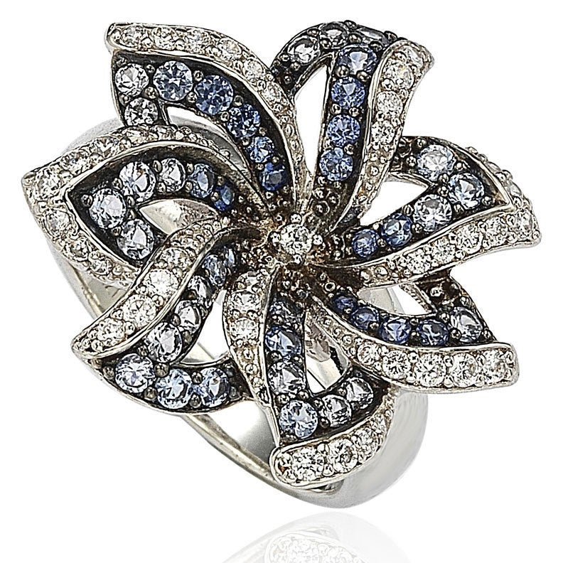 Suzy Levian Sapphire and Diamond in Sterling Silver Flower Ring