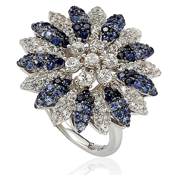 Suzy Levian Sapphire and Diamond in Sterling Silver and 18K Gold Logo Ring