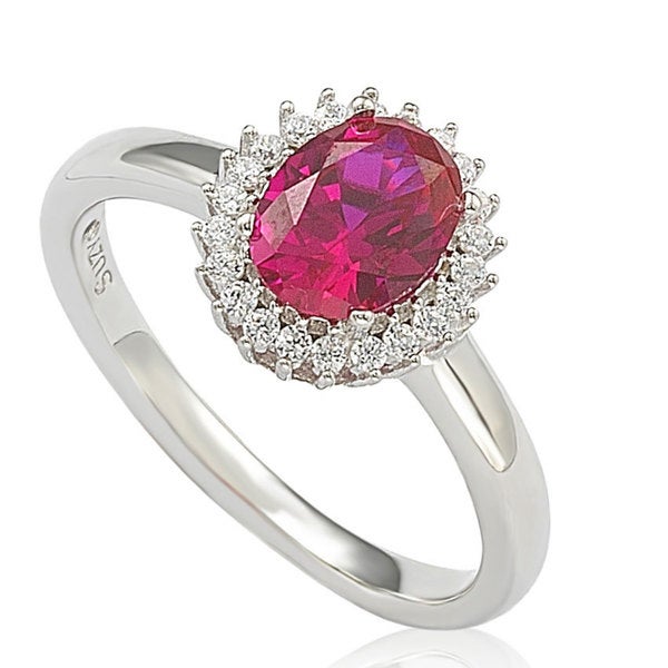 Suzy Levian Sterling Silver Created Ruby Cubic Zirconia Halo Ring