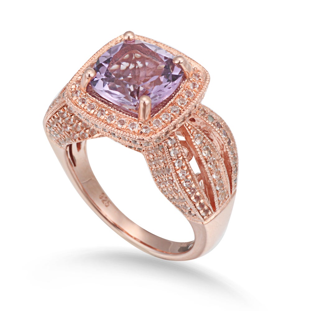 Suzy Levian Sterling Silver 4.59 cttw Pink Amethyst Cushion Cut Ring