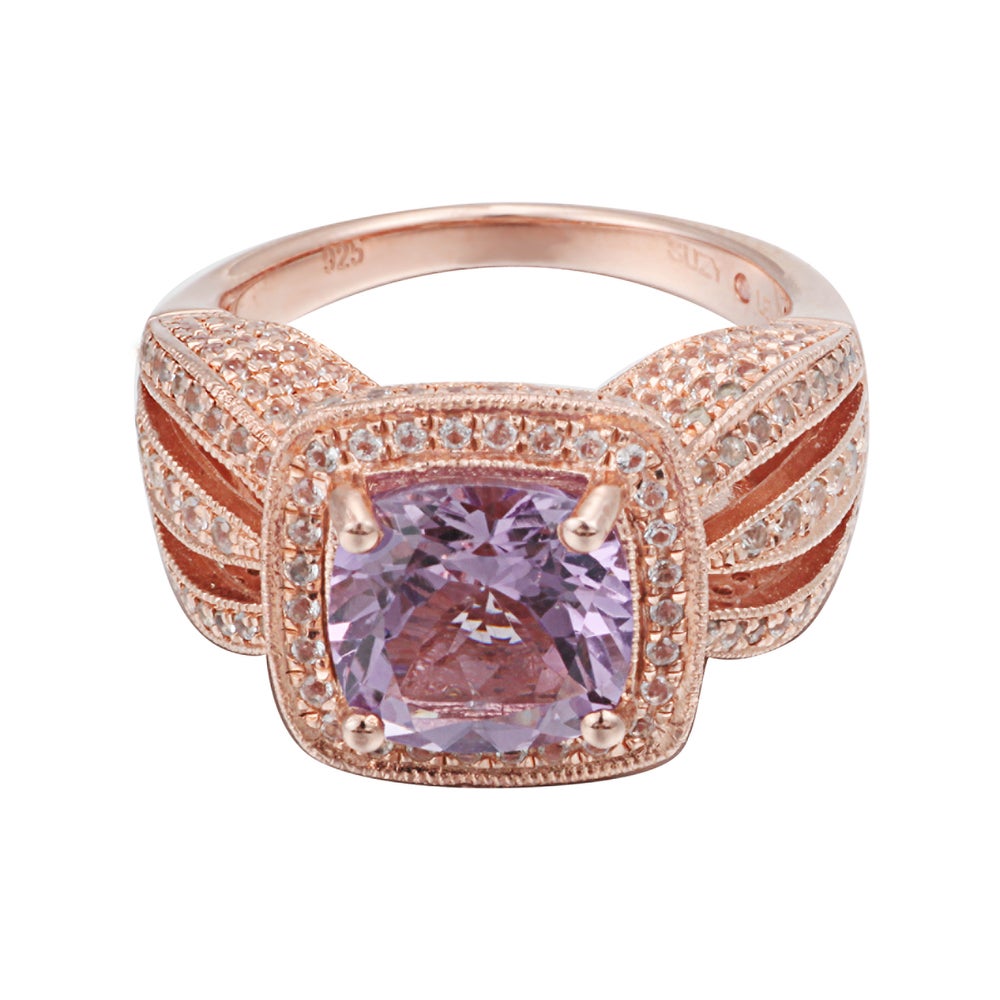 Suzy Levian Sterling Silver 4.59 cttw Pink Amethyst Cushion Cut Ring