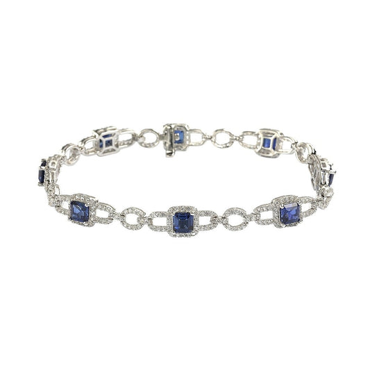Suzy Levian Sterling Silver Asscher Cut Sapphire & Diamond Accent Tennis Bracelet