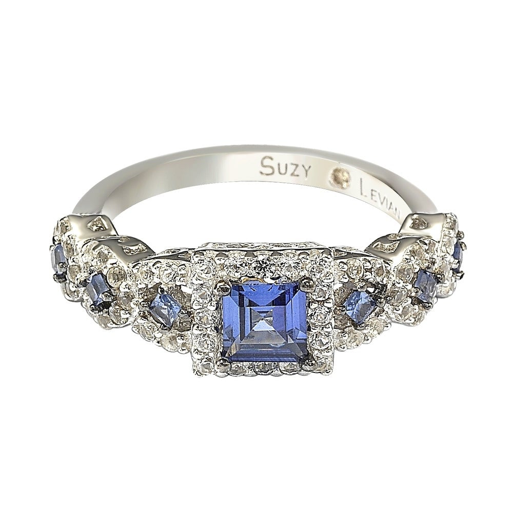 Suzy Levian Sterling Silver Assher Cut Sapphire and Diamond Accent Bridal Engagement Ring