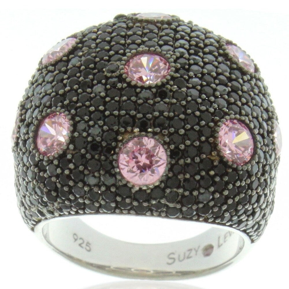 Suzy Levian Sterling Silver Black and Pink Cubic Zirconia Pave Oversized Dome Ring