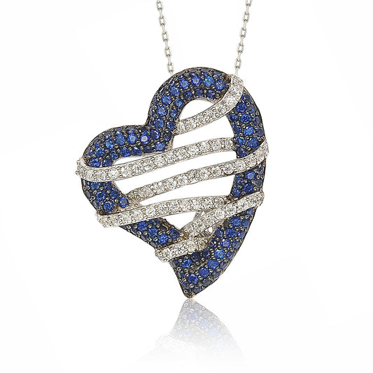 Suzy Levian Sterling Silver Blue & White Sapphire and Diamond Accent Wrapped Heart Pendant