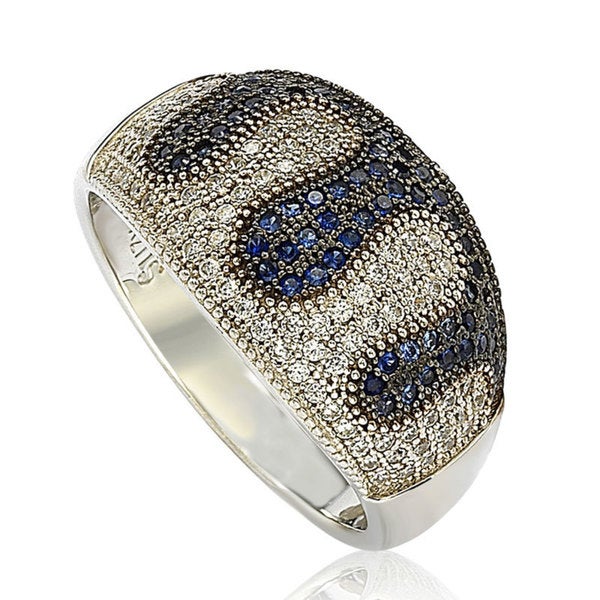 Suzy Levian Sterling Silver Blue and White Cubic Zirconia Micro Pave Ring