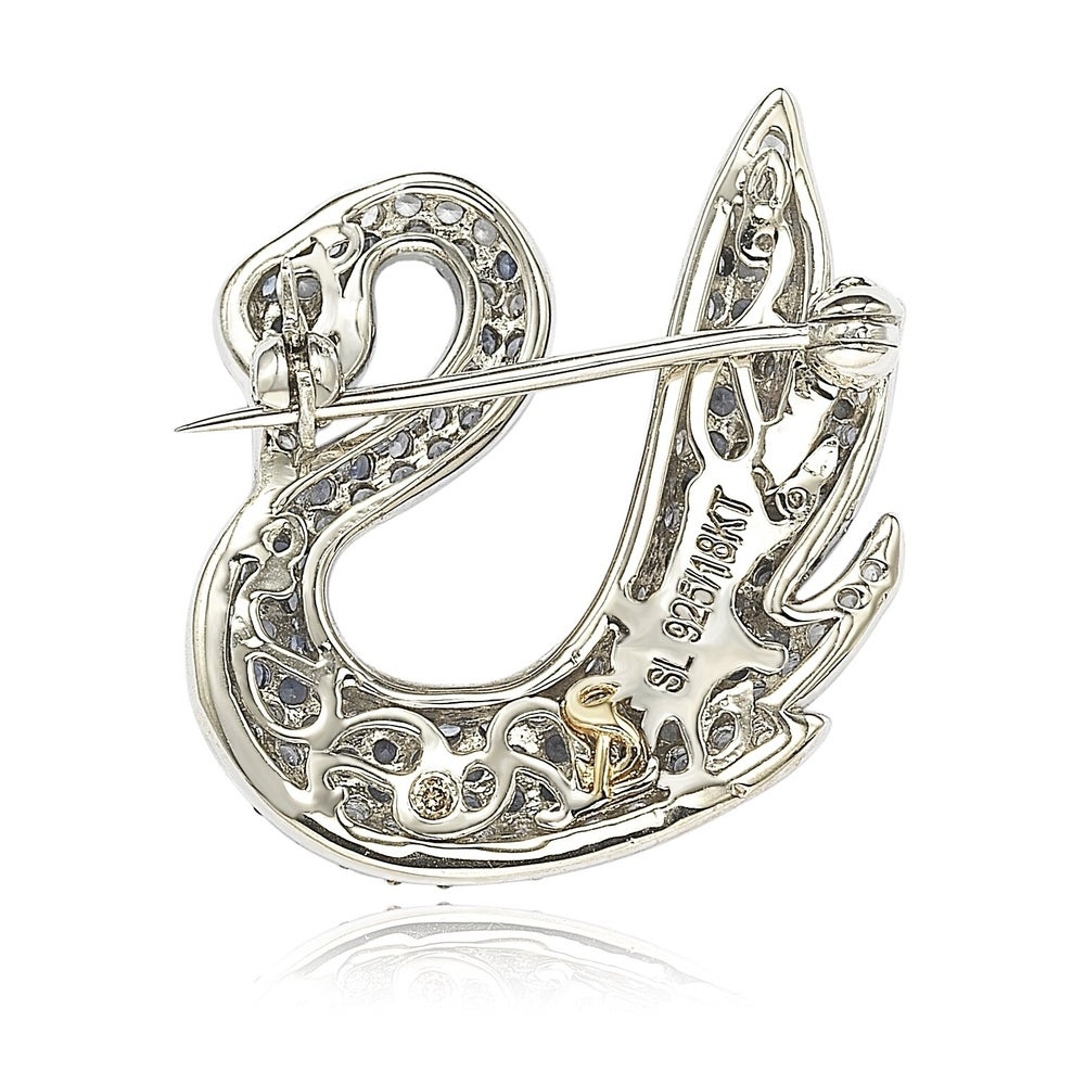 Suzy Levian Sterling Silver Blue and White Sapphire Swan Brooch