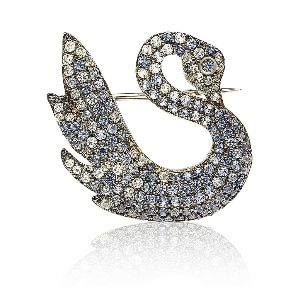 Suzy Levian Sterling Silver Blue and White Sapphire Swan Brooch