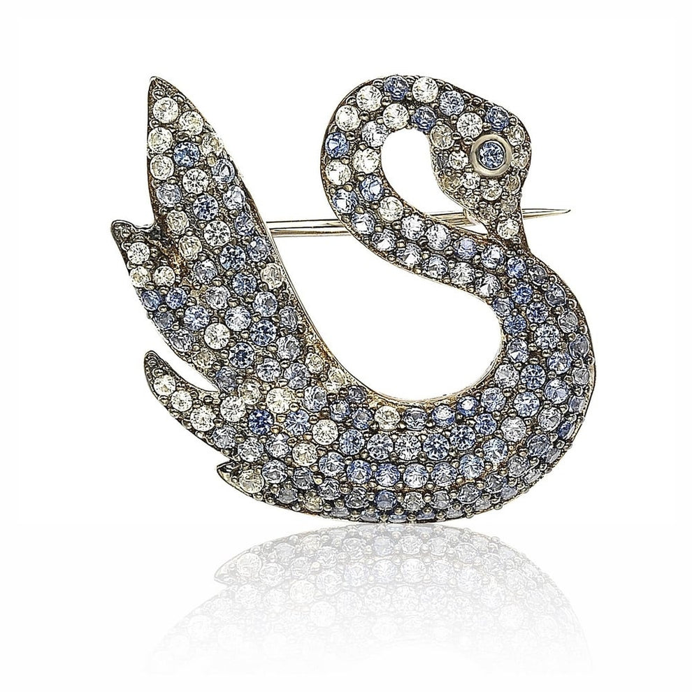 Suzy Levian Sterling Silver Blue and White Sapphire Swan Brooch – SUZY ...