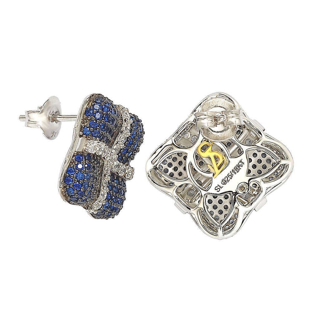 Suzy Levian Sterling Silver Blue and White Sapphire Wrapped Cushion Earrings