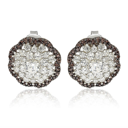 Suzy Levian Sterling Silver Brown Cubic Zirconia Flower Stud Earrings