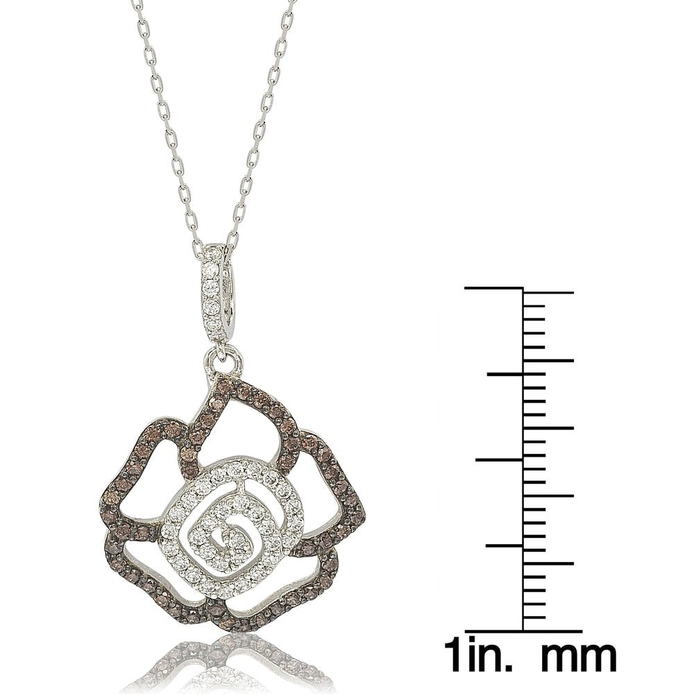 Suzy Levian Sterling Silver Brown and White Cubic Zirconia Flower Pendant